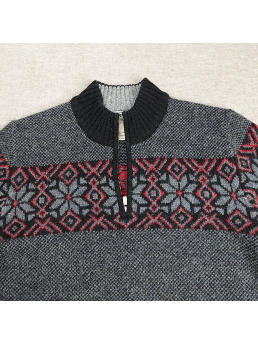 LL Bean Mens Sweater Large Gray Fair Isle Nordic 1/4 Zip 100% Shetland Wool
